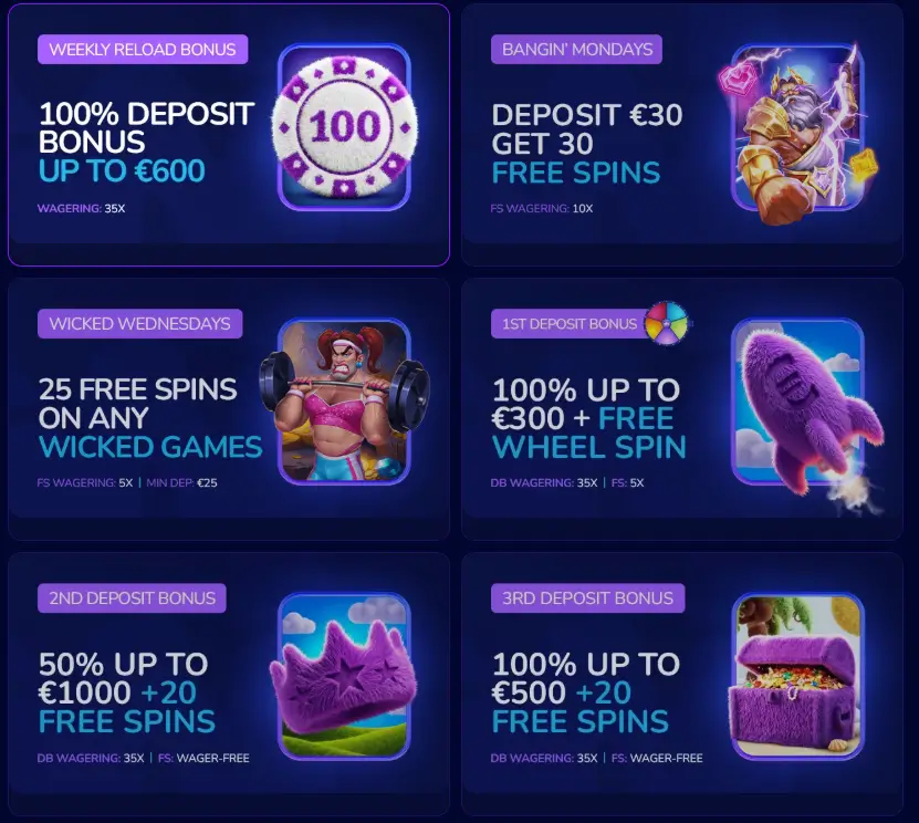 Page bonus WeezyBet avec bonus de dépôt, free spins et promotions hebdomadaires