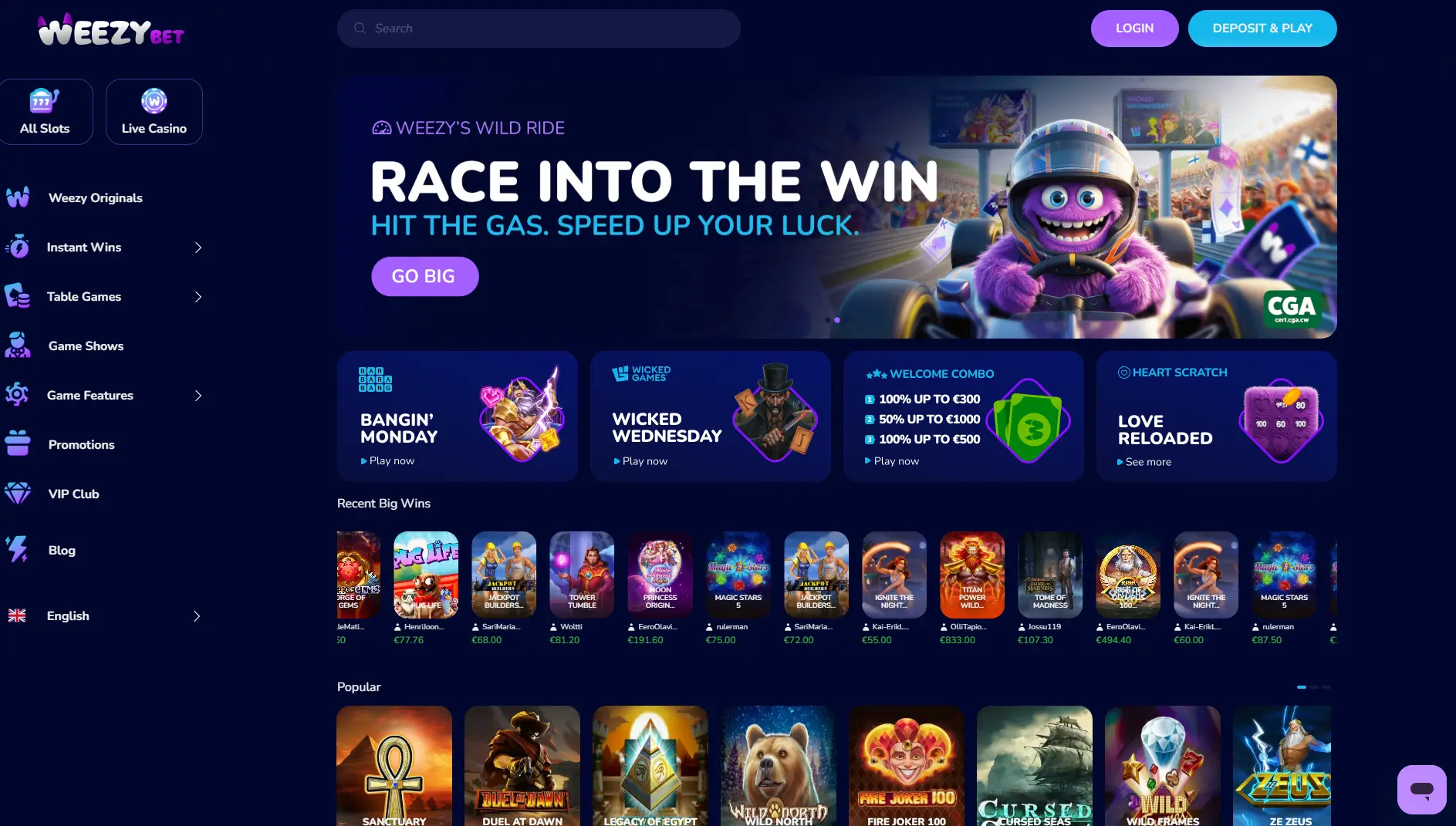 Lobby casino WeezyBet avec machines à sous, promotions et derniers gros gains